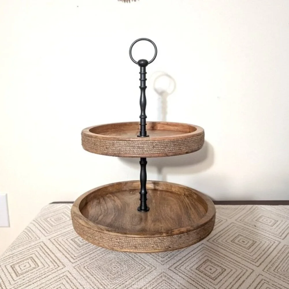 Two-Tiered Wooden Stand with Black Metal Handle 12